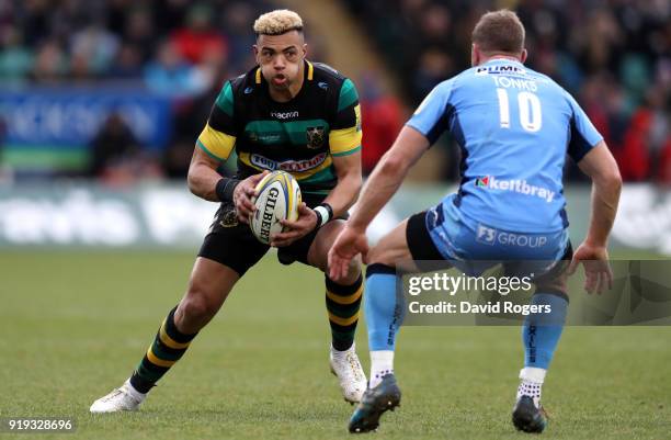 Luther Burrell of Northampton Saints takes on Greig Tonks of London Irish during the Aviva Premiership match between Northampton Saints and London...