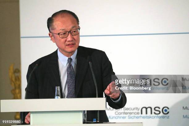 Jim Yong Kim, president of the World Bank Group, speaks at the Munich Security Conference in Munich, Germany, on Saturday, Feb. 17, 2018. From Friday...