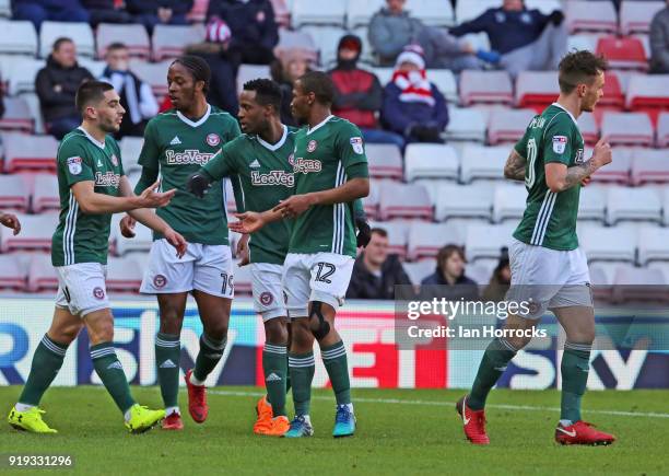 Brentford players celebrate the opening goal scored by Kamo Mokotjo during the Sky Bet Championship match between Sunderland and Brentford at Stadium...