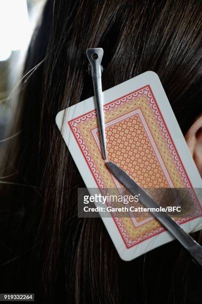 Model, hair clip, backstage ahead of the Jasper Conran show during London Fashion Week February 2018 at Claridges Hotel on February 17, 2018 in...