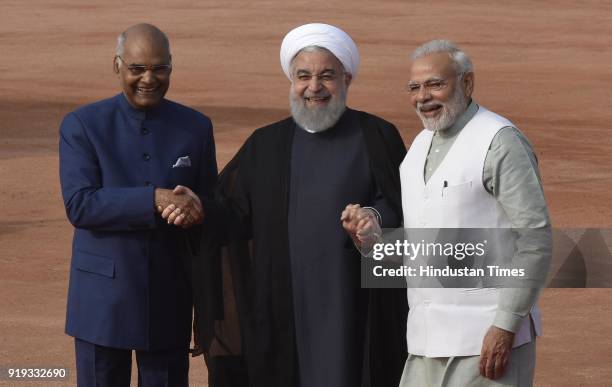 Iranian President Dr. Hassan Rouhani with President Ramnath Kovind and PM Narendra Modi during a ceremonial reception at Rashtrapati Bhavan, on...