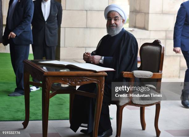 Iranian President Dr. Hassan Rouhani after paying tributes to a memorial of Mahatma Gandhi at Rajghat, during his visit, on February 17, 2018 in New...