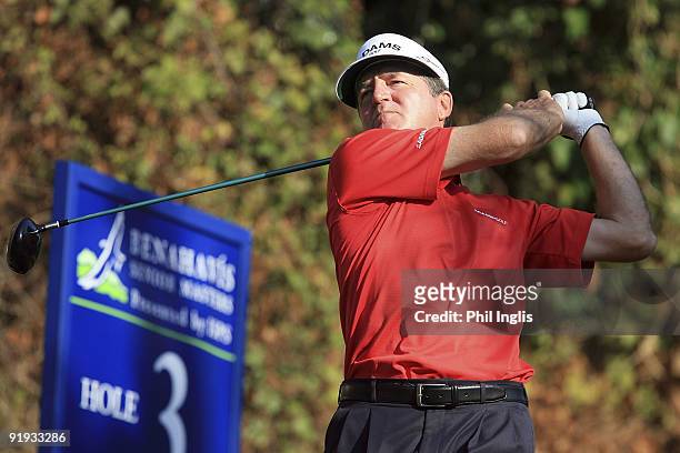 Des Smyth of Ireland plays his tee shot during the first round of the Benahavis Senior Masters at La Quinta Golf & Country Club on October 16, 2009...