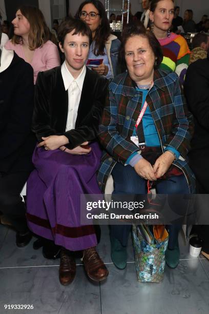 Lady Frances von Hofmannsthal and Suzy Menkes attend the Molly Goddard show during London Fashion Week February 2018 at TopShop Show Space on...