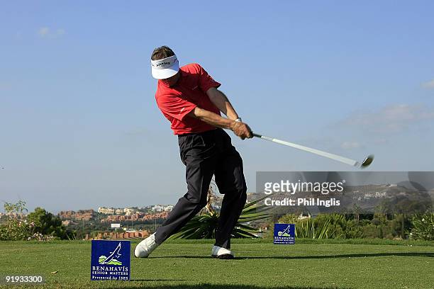 Des Smyth of Ireland plays his tee shot during the first round of the Benahavis Senior Masters at La Quinta Golf & Country Club on October 16, 2009...