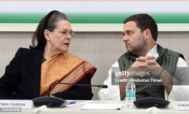 Congress President Rahul Gandhi with former congress president Sonia Gandhi during the Congress Steering Committee Meeting at AICC, on February 17,...