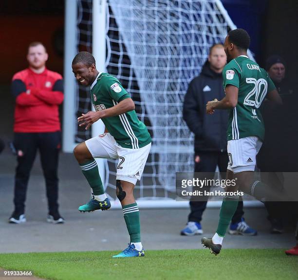 Kamo Mokotjo celebrates scoring the opening goal for Brentford during the Sky Bet Championship match between Sunderland and Brentford at Stadium of...