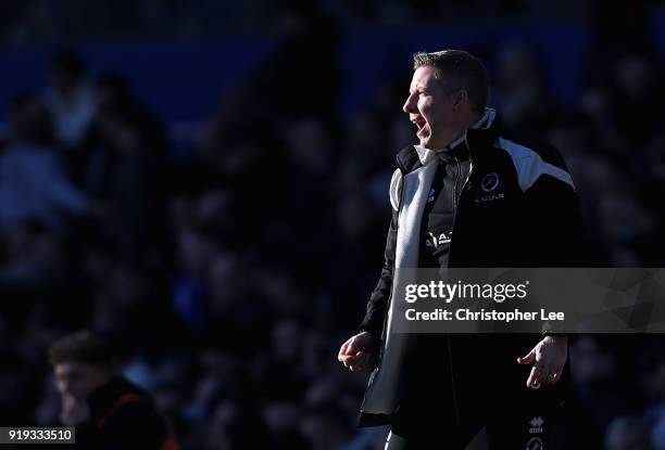 Manager Neil Harris of Millwall shouts orders to his players during the Sky Bet Championship match between Birmingham City and Millwall at St Andrews...