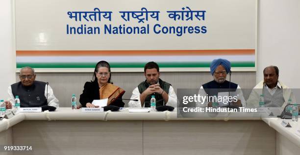 Congress President Rahul Gandhi with former congress president Sonia Gandhi, former Prime Minister Manmohan Singh, senior leaders A K Antony and...