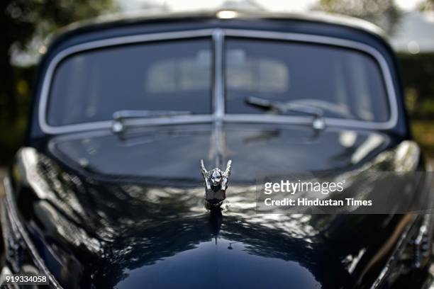 Metal hood ornament on a vintage car on display during the 21 Gun Salute Vintage Car Rally at India Gate, on February 17, 2018 in New Delhi, India....