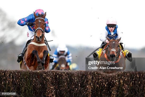 Brian Hughes riding Waiting Patiently clear the last to win The Betfair Ascot Steeple Chase from Cue Card at Ascot Racecourse on February 17, 2018 in...