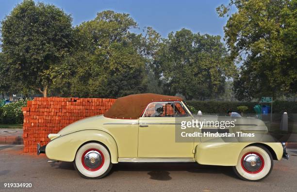 Vintage car on display during the 21 Gun Salute Vintage Car Rally at India Gate, on February 17, 2018 in New Delhi, India. Over 125 vintage cars & 35...