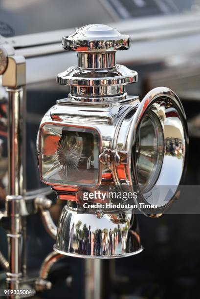 Light on a vintage car on display during the 21 Gun Salute Vintage Car Rally at India Gate, on February 17, 2018 in New Delhi, India. Over 125...