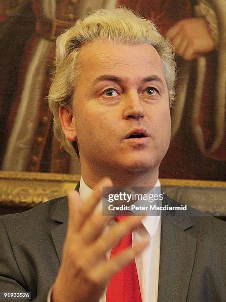 Right-wing Dutch MP Geert Wilders speaks to reporters near Parliament on October 16, 2009 in London. Mr Wilders was allowed into the UK after he...