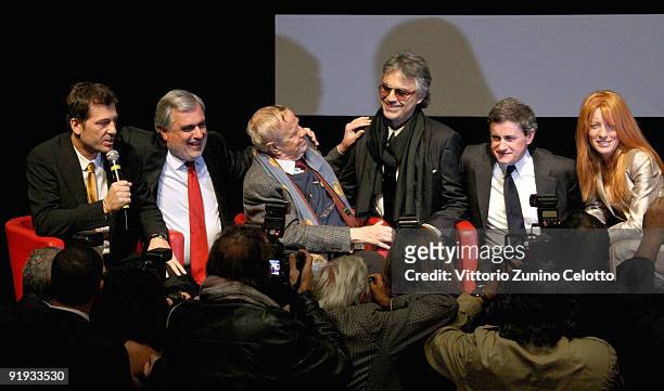 Moderator, Mario Cutrufo, Franco Zeffirelli, Andrea Bocelli, Gianni Alemanno and Michela Vittoria Brambilla attend the 'Omaggio A Roma' Press...