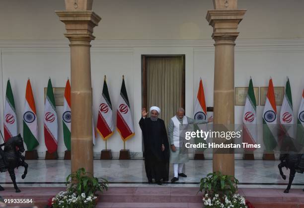 Iranian President Dr Hassan Rouhani greeted by PM Narendra Modi before meeting at Hyderabad House, on February 17, 2018 in New Delhi, India. Prime...