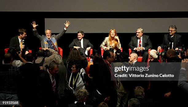 Moderator, Franco Zeffirelli, Gianni Alemanno, Michela Vittoria Brambilla, Mario Cutrufo and Andrea Bocelli attend the 'Omaggio A Roma' Press...