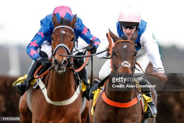 Brian Hughes riding Waiting Patiently clear the last to win The Betfair Ascot Steeple Chase from Cue Card at Ascot Racecourse on February 17, 2018 in...