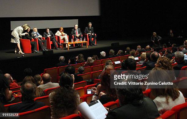 Moderator, Franco Zeffirelli, Gianni Alemanno, Michela Vittoria Brambilla, Mario Cutrufo and Andrea Bocelli attend the 'Omaggio A Roma' Press...