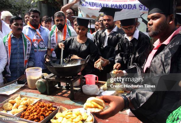 National Congress Party protest against the statement of BJP president Amit Shah that selling pakoras is also an employment, at Worli, on February...