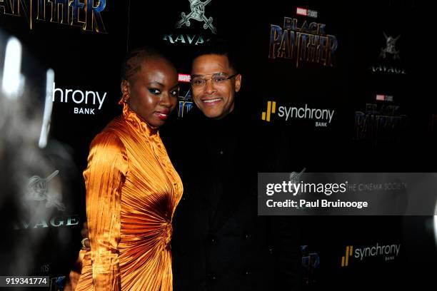 Danai Gurira and Maxwell attend The Cinema Society with Ravage Wines & Synchrony host a screening of Marvel Studios' "Black Panther" at The Museum of...