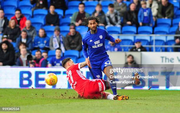 Cardiff City's Armand Traore is fouled by Middlesbrough's Muhamed Besic during the Sky Bet Championship match between Cardiff City and Middlesbrough...