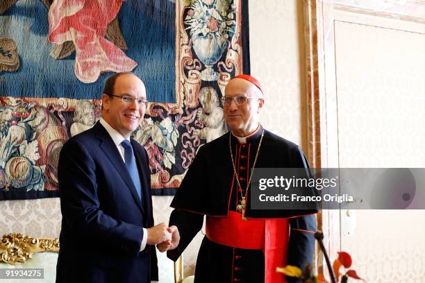 Prince Albert of Monaco meets with Vatican secretary of State Cardinal Tarcisio Bertone on October 16, 2009 in Vatican City, Vatican.