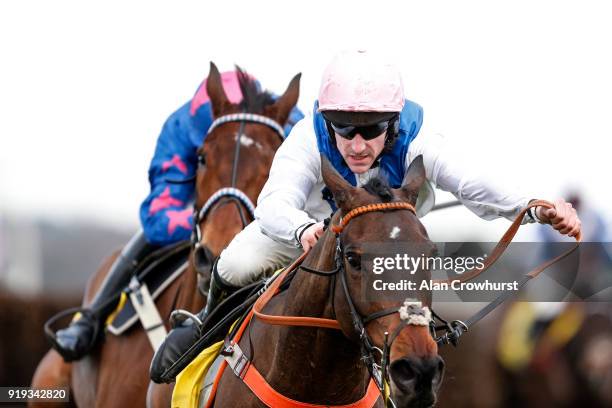 Brian Hughes riding Waiting Patiently clear the last to win The Betfair Ascot Steeple Chase from Cue Card at Ascot Racecourse on February 17, 2018 in...