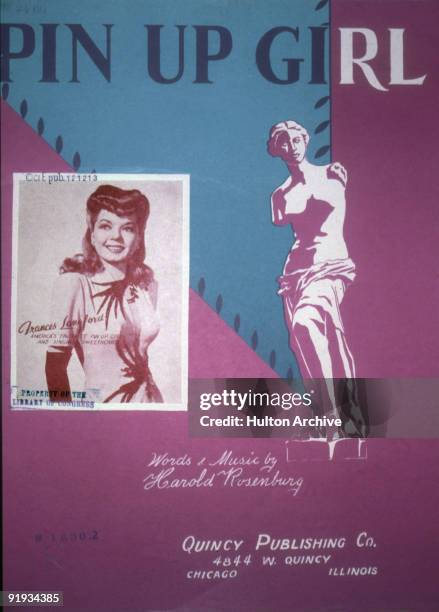 Cover of the sheet music for Harold Rosenburg's song 'Pin Up Girl,' features an illustration of a classical statue and a photograph of popular...