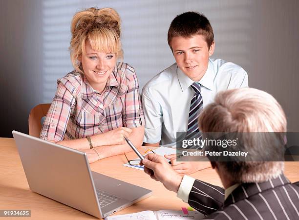 student teenagers meeting with bank manger. - manger stock pictures, royalty-free photos & images