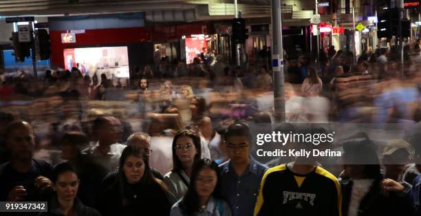 General view of the crowds on Swanston Street during White Night on February 17, 2018 in Melbourne, Australia.