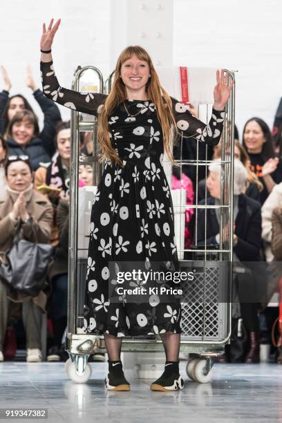 Molly Goddard walks the runway at the Molly Goddard show during London Fashion Week February 2018 at TopShop Show Space on February 17, 2018 in...