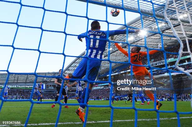 Header from Jonson Clarke-Harris of Coventry City hits the bar much to the relief of Tim Krul and Anthony Knockaert of Brighton & Hove Albion during...