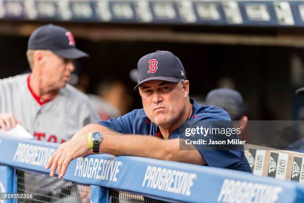 Manager John Farrell of the Boston Red Sox watches form the dugout prior the game against the Cleveland Indians at Progressive Field on August 21,...