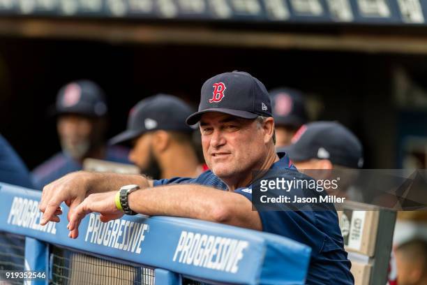 Manager John Farrell of the Boston Red Sox watches form the dugout prior the game against the Cleveland Indians at Progressive Field on August 21,...
