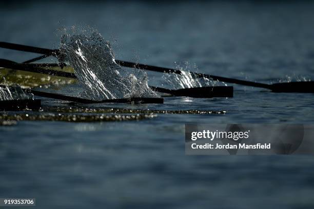 Oars move through the water during the Boat Race Trial race between Cambridge University Women's Boat Club and University of London on February 17,...