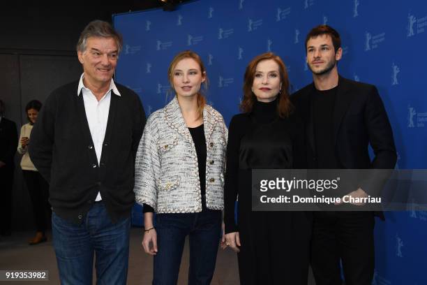 Benoit Jacquot, Julia Roy, Isabelle Huppert and Gaspard Ulliel pose at the 'Eva' photo call during the 68th Berlinale International Film Festival...