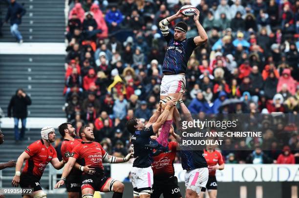 Stade Français' Alexandre Flanquart catches the ball in a line out during the French Top 14 rugby union match Toulon vs. Stade Français at The Mayol...