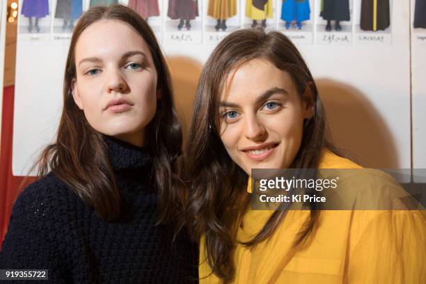 Models backstage ahead of the Jasper Conran show during London Fashion Week February 2018 at Claridges Hotel on February 17, 2018 in London, England.