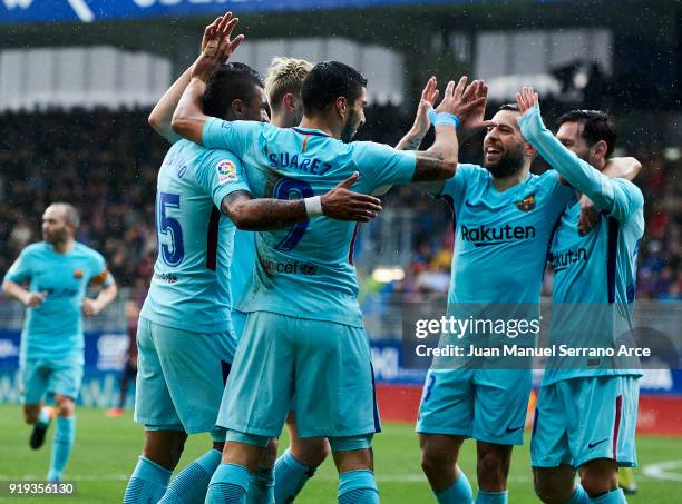 Luis Suarez of FC Barcelona celebrates after scoring a goal during the La Liga match between Eibar and Barcelona at Estadio Municipal de Ipurua on...