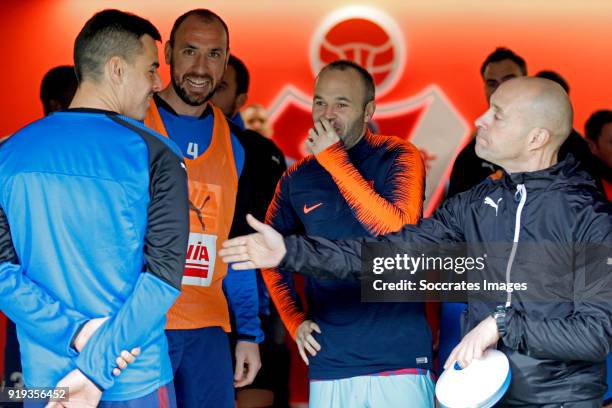 Ivan Ramis of SD Eibar, Andries Iniesta of FC Barcelona during the La Liga Santander match between Eibar v FC Barcelona at the Estadio Municipal de...