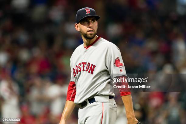 Relief pitcher Matt Barnes of the Boston Red Sox leaves the field during the eighth inning against the Cleveland Indians at Progressive Field on...