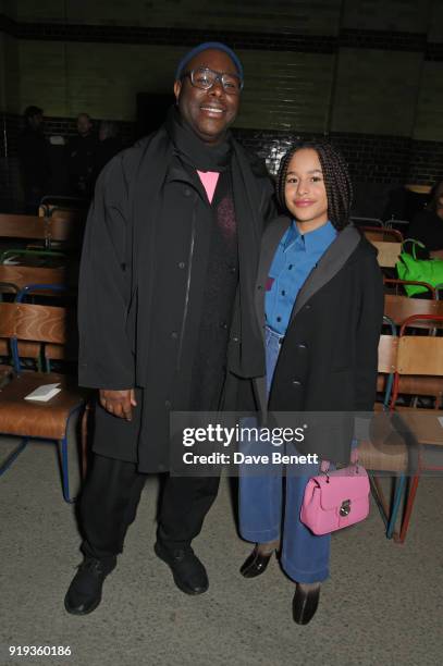 Steve McQueen and daughter Alex McQueen wearing Burberry at the Burberry February 2018 show during London Fashion Week at Dimco Buildings on February...