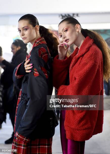 Models backstage ahead of the Halpern show during London Fashion Week February 2018 on February 17, 2018 in London, England.