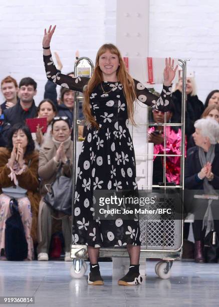 Molly Goddard walks the runway at the Molly Goddard show during London Fashion Week February 2018 at TopShop Show Space on February 17, 2018 in...