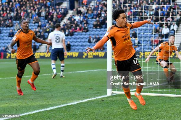 Helder Costa of Wolverhampton Wanderers celebrates after scoring a goal to make it 1-1 during the Sky Bet Championship match between Preston North...