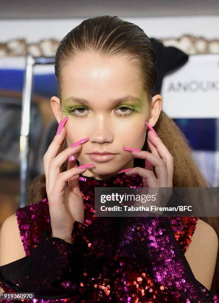 Model backstage ahead of the Halpern show during London Fashion Week February 2018 on February 17, 2018 in London, England.