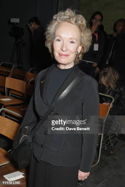 Lindsay Duncan wearing Burberry at the Burberry February 2018 show during London Fashion Week at Dimco Buildings on February 17, 2018 in London,...