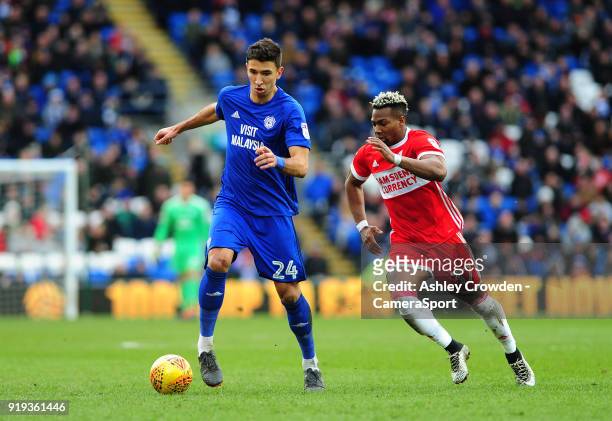 Cardiff City's Marko Grujic battles with Middlesbrough's Adama Traore during the Sky Bet Championship match between Cardiff City and Middlesbrough at...