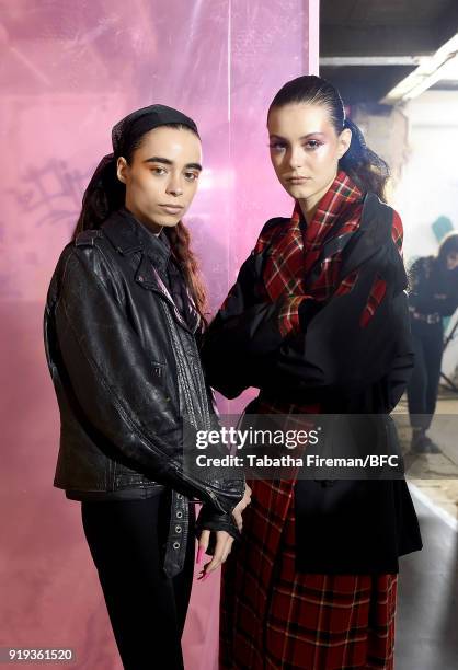 Models backstage ahead of the Halpern show during London Fashion Week February 2018 on February 17, 2018 in London, England.